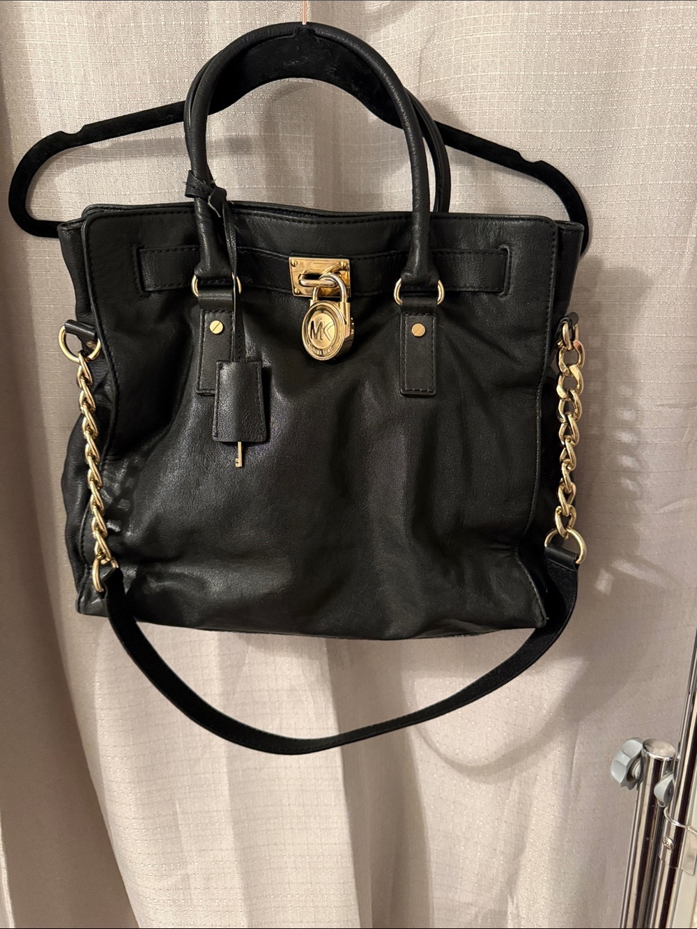 Michael Kors Black Leather Satchel with Gold Chain Accents